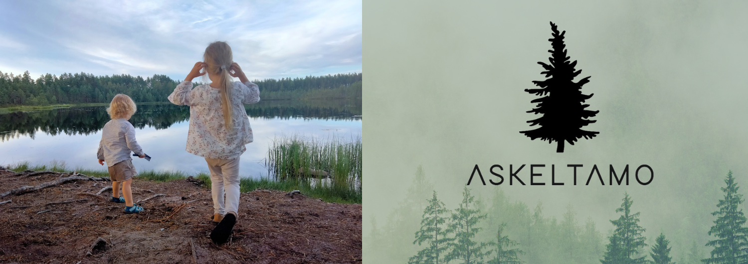 Lapset rannalla ja Askeltamo logo